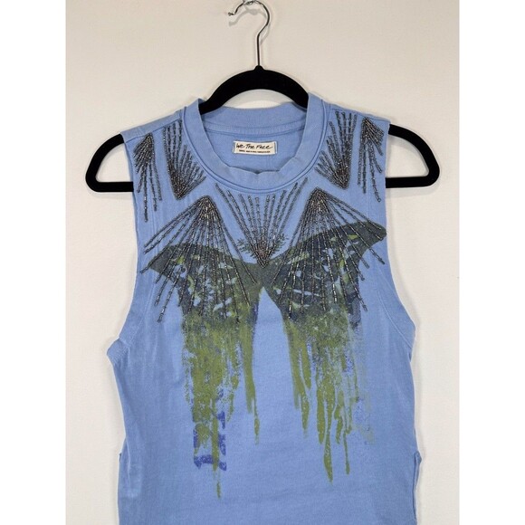 NWT We The Free People Womens Top Blue Butterfly Graphic Beaded Tank Y2K Small - Picture 7 of 11